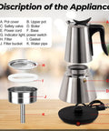 Diagram of Electric Aluminum Moka Pot For 5 To 6 Cup Espresso Maker With Detachable Base Quick Plug In Home Coffee Barista Vibe Mocha Pot