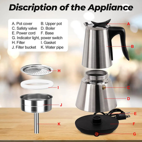 Diagram of Electric Aluminum Moka Pot For 5 To 6 Cup Espresso Maker With Detachable Base Quick Plug In Home Coffee Barista Vibe Mocha Pot