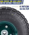 Close-up of a tire from Four Pack 10 Inch Flat Free Airless Tires With Five Eighth Inch Center Bearings, showing tread and axle size.