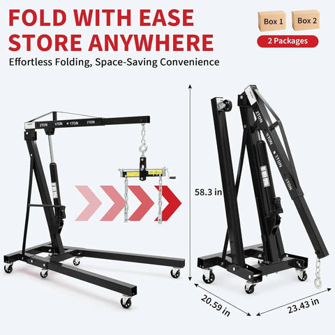 Badass 2 Ton Hydraulic Engine Hoist Folding Cherry Picker Crane With Adjustable Boom Load Leveler displayed at 58.3 in height showing portability.