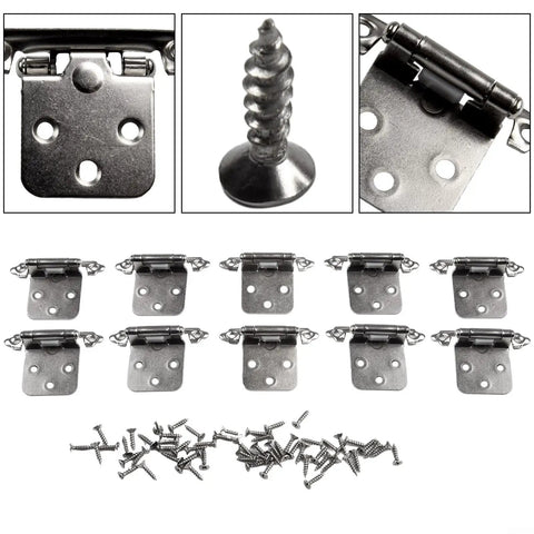 Complete All In One Set Of 10 Self Closing Overlay Flush Cabinet Hinges with screws, cold rolled steel, polished chrome finish.
