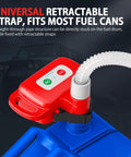 Rechargeable Fuel Transfer Pump With Auto Stop And Leak Protection shown attached to a fuel can with retractable strap.