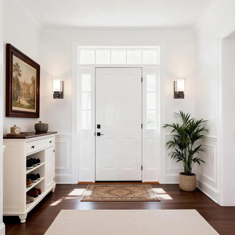 Entryway with Dark Bronze Vanity Wall Light With Dual Glass Shades, 1 Light Hardwired Indoor Wall Sconce installed.