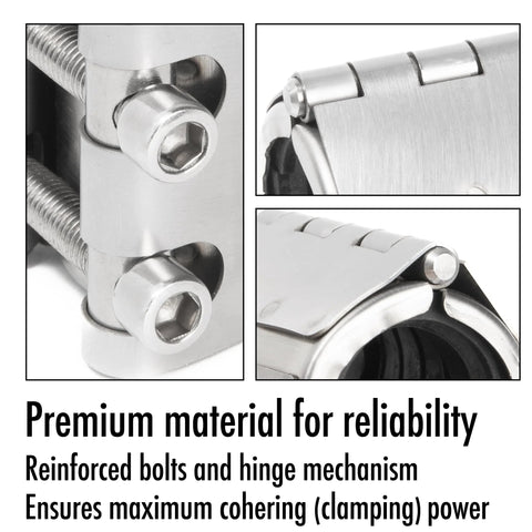 Pipe repair clamp collage with bolts and hinge for 3/4 in OD and 1/2 in ID pipes; metal repair kit components