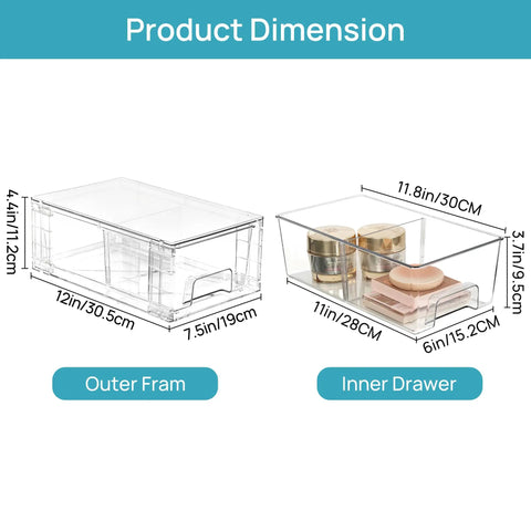 Solid 4 Pack Stackable Clear Storage Drawers With Removable Dividers To Crush Household Clutter Right Now, showing dimensions of outer and inner drawers.