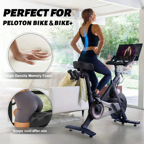 Woman using Peloton with oversized extra wide bike seat for women and men, all day comfy saddle with memory foam and cooling gel.