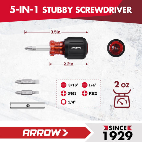 5-IN-1 Stubby Screwdriver from Must-Have Two-Piece Multi-Screwdriver Set With 11-In-1 Standard And 5-In-1 Stubby Bit Kit