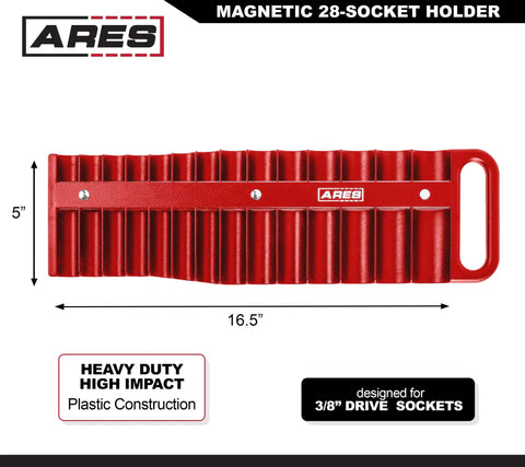 Magnetic Socket Holder For 3/8 Inch Drive Red Organizer Holds 28 Sockets, 14 Standard And 14 Deep, Heavy duty plastic