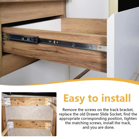 Rock Solid Hella Tough 4 Pack C Shaped Drawer Slide Brackets installed in a wooden cabinet for easy pull-out shelving.