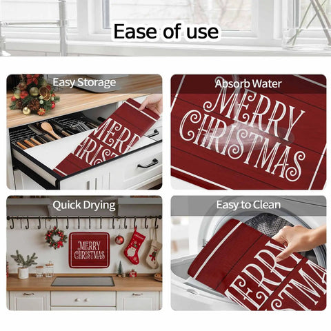 Christmas Dish Drying Mat For Kitchen Counter With Retro Red Wood Grain, Ultra Absorbent Microfiber, Machine Washable, 18x24 inches