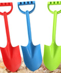 Red, blue, green shovels from 16 Inch Jumbo Beach Sand Shovel Set For Kids And Adults, Heavy Duty Digging Spades For Sand Snow Water Play