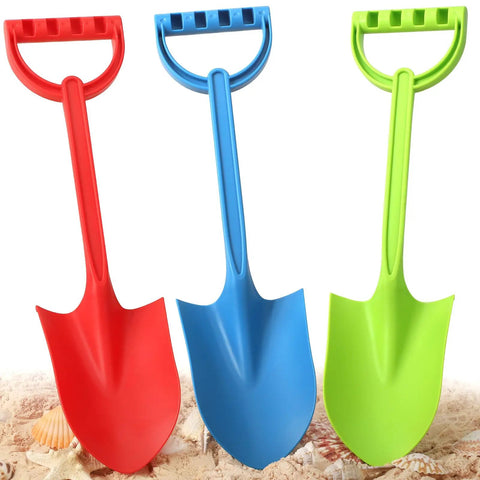 Red, blue, green shovels from 16 Inch Jumbo Beach Sand Shovel Set For Kids And Adults, Heavy Duty Digging Spades For Sand Snow Water Play
