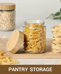 Four Pack 16 Oz Glass Jars With Airtight Lids And Bamboo Lids For Overnight Oats Meal Prep And Grab And Go Snacks, pasta stored.