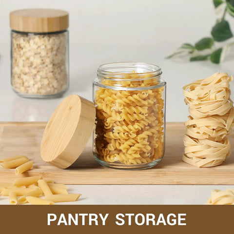 Four Pack 16 Oz Glass Jars With Airtight Lids And Bamboo Lids For Overnight Oats Meal Prep And Grab And Go Snacks, pasta stored.