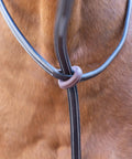 Close-up of Adjustable Leather Standing Martingale With Stainless Steel Hardware For Pony, Chocolate Brown, on a horse's neck