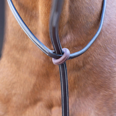 Close-up of Adjustable Leather Standing Martingale With Stainless Steel Hardware For Pony, Chocolate Brown, on a horse's neck