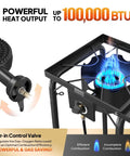 Single Burner Gas Stove With Side Shelf 100,000 BTU Portable Propane Stove flame and control valve detail