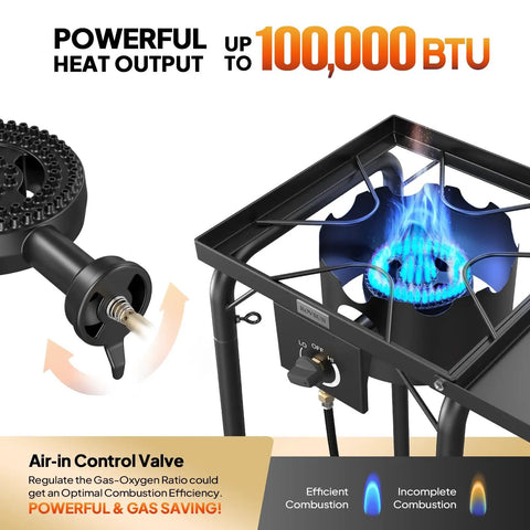 Single Burner Gas Stove With Side Shelf 100,000 BTU Portable Propane Stove flame and control valve detail