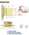 Dimensions and features of Brass 3/8 Inch Inset Cabinet Hinges Set Of 20 Pairs, 40 Hinges, Brushed Gold Finish, Self-Closing, Heavy-Duty