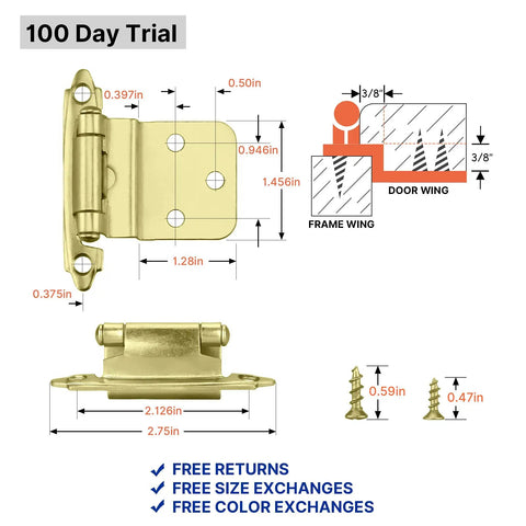 Dimensions and features of Brass 3/8 Inch Inset Cabinet Hinges Set Of 20 Pairs, 40 Hinges, Brushed Gold Finish, Self-Closing, Heavy-Duty