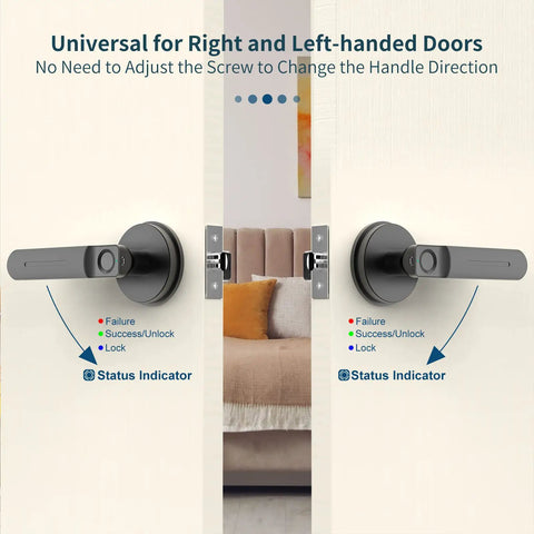 Smart Fingerprint Door Lock With Handle Keyless Entry Sleek One Touch Unlock Dual Access And Mechanical Key Backup Perfect For Bedroom Or Office Black showing adjustable left/right installation