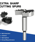 Knockout Eight Piece Forstner Bit Set Rock Solid Alloy Steel Drill Bits showing extra sharp cutting spurs for enhanced drilling.