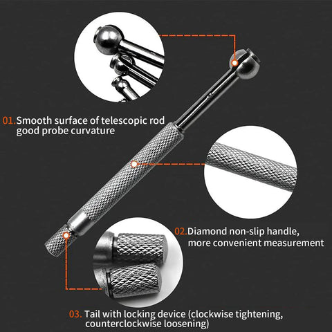 Close-up of Four Piece Dial Bore Gauge Set For Measuring Small Holes 3-13mm, telescoping steel with non-slip grip and locking device.