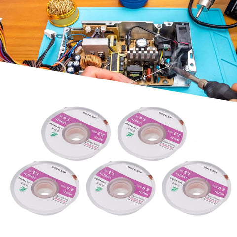 High Efficiency Copper Solder Wick Desoldering Braid Kit, Five-Piece, Two Millimeter Width, Four Point Nine Foot Length in use