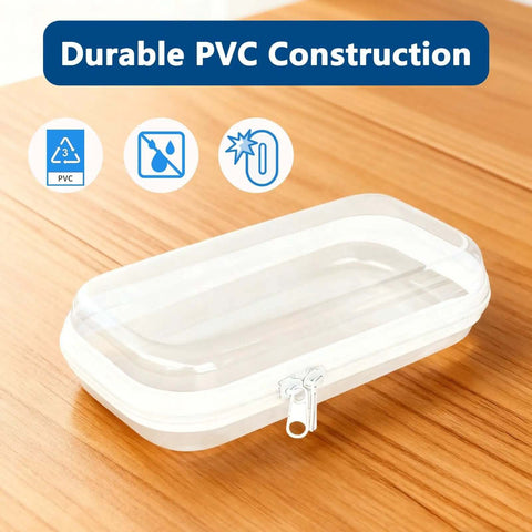 Clear Hard Shell Zipper Case For Everyday Carry And Travel Ready Getaways Solid Plastic Storage Bag for toiletries, 5x3x2 inches.