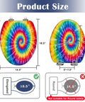 Elongated Tie Dye Aquarelle Print Tie Dye Spiral Rainbow Toilet Seat size chart with dimensions and features.