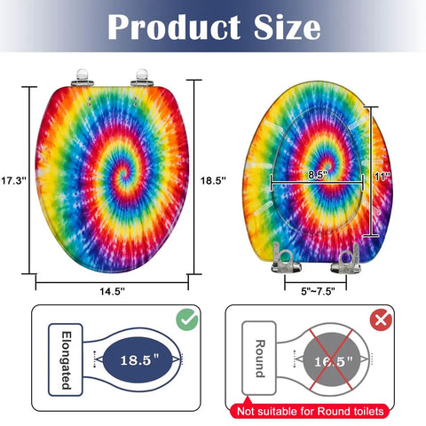 Elongated Tie Dye Aquarelle Print Tie Dye Spiral Rainbow Toilet Seat size chart with dimensions and features.