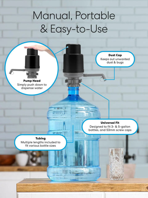 Universal Water Bottle Pump For 1 To 5 Gallon Jugs Manual Dispenser For Camping And Picnics, shown on large water bottle