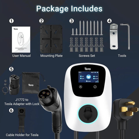 Package contents of Tesla Compatible Level 2 EV Charger With J1772 Support 48A 240V Fully Upgraded 2024 ETL Energy Star Certified