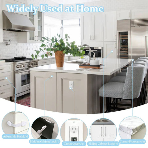 Modern kitchen showcasing All In One Baby Proofing Kit 46 Pack For Cabinets Drawers Outlets And Corner Guards With 6 Cabinet Locks