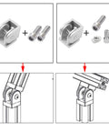 Four Piece 2020 Series Aluminum Extrusion Pivot Joint Connectors For 3D Printer Frames, Zinc Alloy, Flexible 180 Degree Rotation, Includes Screws And Threading Tap Kit, shown with screws and mounting diagrams