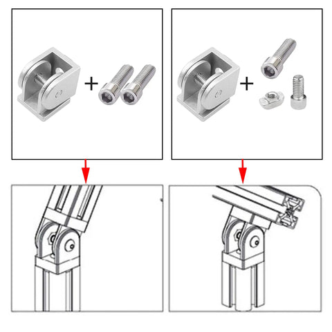 Four Piece 2020 Series Aluminum Extrusion Pivot Joint Connectors For 3D Printer Frames, Zinc Alloy, Flexible 180 Degree Rotation, Includes Screws And Threading Tap Kit, shown with screws and mounting diagrams