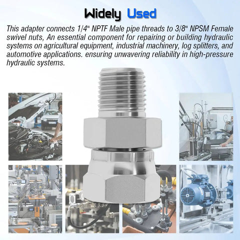 Hydraulic Swivel Adapter One Quarter Inch NPTF Male To Three Eighths Inch NPSM Female With 360 Degree Swivel For Tight Spaces Flexible Alignment Quick Connect Hydraulic Fitting in steel