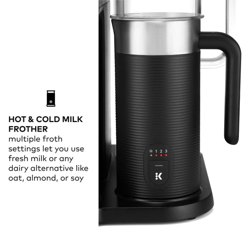 Smart WiFi Single Serve Coffee Maker For Home Baristas That Delivers Coffee Lattes And Cappuccinos With Built In Frother BrewID Pod Recognition And Six Brew Sizes Black, close-up view of milk frother