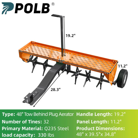 48 Inch Tow Behind Lawn Aerator With Universal Hitch Plug Aerator Steel Construction Tray Inflatable Wheels 48 Inch Coverage