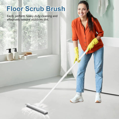 Person using 2 In 1 Floor Scrub Brush With 48 Inch Adjustable Handle And Built In Scraper For Tile Shower Tub Deck And Garage Cleaning Stiff Bristle Floor Scrubber For Heavy Duty Grime on bathroom floor.