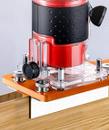 Precision Slotting Router Guide Jig Template Featuring Adjustable Clamping Block And Heavy Duty Metal Plate For Dead Accuracy On Cabinet And Drawer Build Projects with router attached