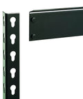 Close-up of heavy duty black metal frame of Rock Solid Five Tier Riveted Steel Shelving Unit With Adjustable Shelves 3800 Lbs Capacity.