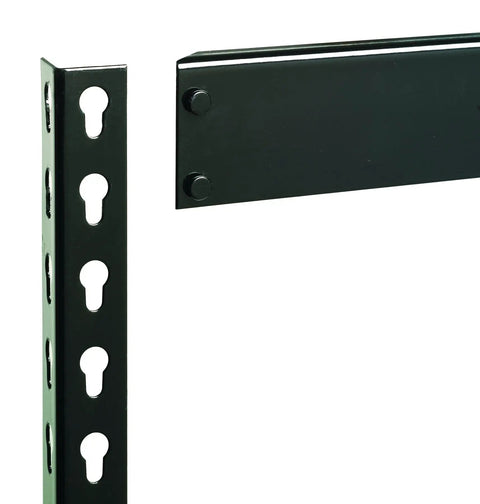 Close-up of heavy duty black metal frame of Rock Solid Five Tier Riveted Steel Shelving Unit With Adjustable Shelves 3800 Lbs Capacity.