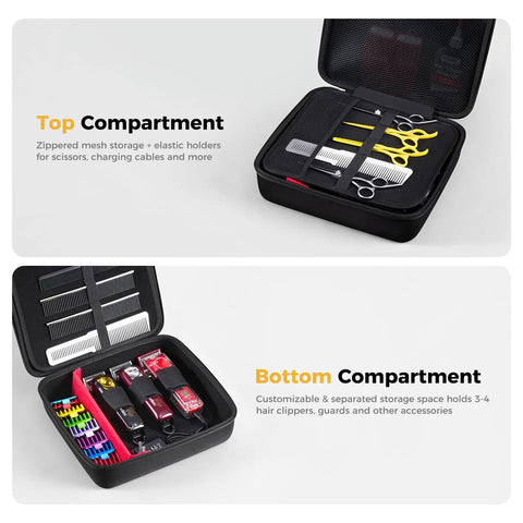 Hard Shell Barber Travel Case For Clippers And Grooming Gear, Adjustable DIY Dividers To Fit 3 To 4 Clipper Sets, open compartments