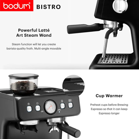 Premium Game Changer Electric Espresso Machine With Integrated Stainless Steel Burr Grinder And High Pressure Milk Frother Steam Wand For Straight Up Barista Style Brewing At Home In Classic Black, showing steam wand and control panel.