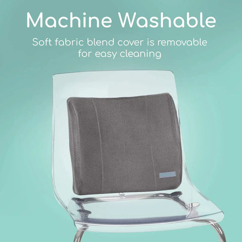 Heavy Duty Lower Back Support Pillow Lumbar Cushion for Office Chair, gray fabric cover on clear chair, machine washable.