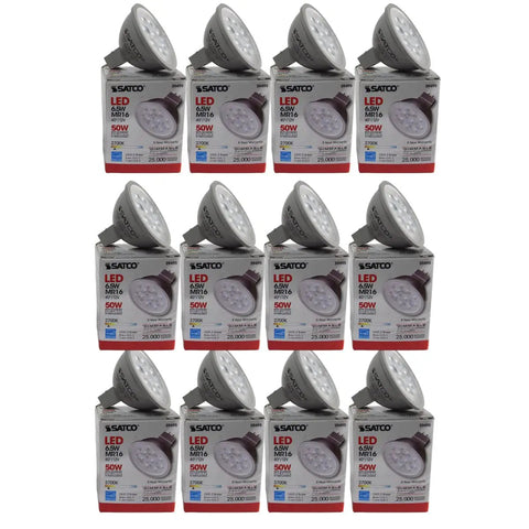 Hot 6.5W LED MR16 Bulbs Pack Of 12, 2700K Warm White, 500 Lumen Output, boxes and bulbs displayed, GU5.3 Bi-Pin Base, 12V AC DC