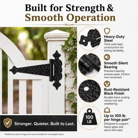 6 Inch Decorative Hammered Tee Hinges Two Pack Built To Last Heavy Duty Black T Strap Gate Hinges on white garden gate