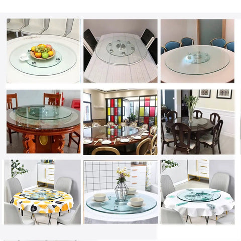 Collage of Tempered Glass Rotating Tray With Aluminum Core Turntable Heavy Duty Lazy Susan For Dining Table in various dining settings.