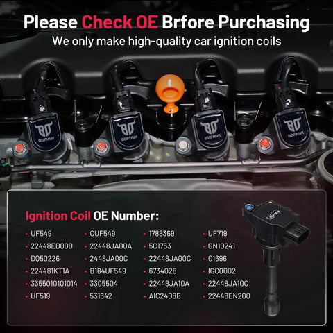 Ignition Coil Set Of 4 For Nissan Altima Rogue Sentra Versa Frontier Tiida 2.5L Engines 2007-2018 NV200 2013-2014 Infiniti QX60 2014-2017 Replacement Coil Packs For Reliable Spark And Smooth Performance Plug N Play shown with OE numbers list on engine setup